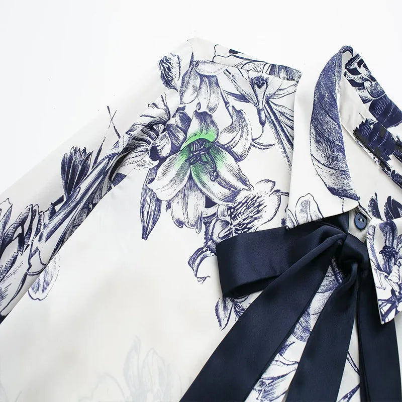 Casual Bow Printed Shirt Lapel Women's Slim Long Sleeve Short Blouse Single Breasted Blouse