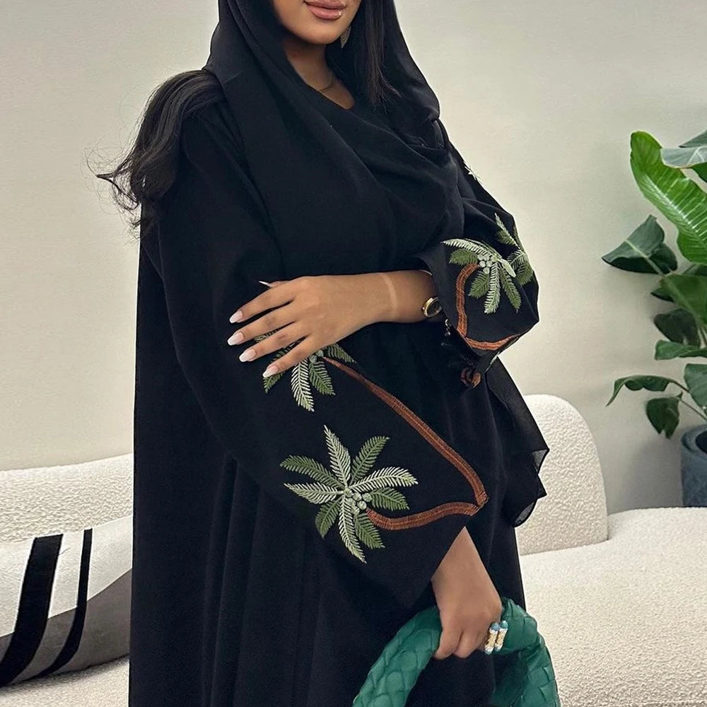 New Black Casual Open Kimono Abaya For Muslim Women Ramadan Eid Jalabiya Embroidery Long Sleeve Robe