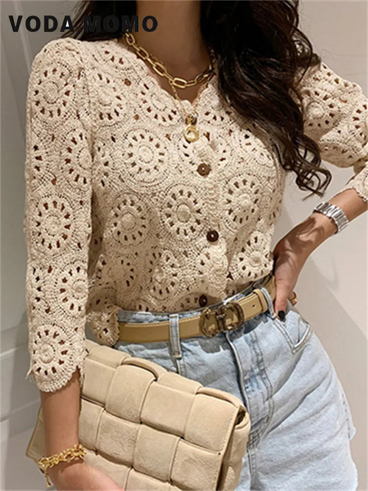Chic Blouses Sweet Tops Hollow Out Full Sleeves Hook Flowers Stylish Cardigans Vintage Women