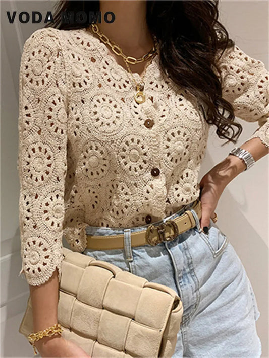 Chic Blouses Sweet Tops Hollow Out Full Sleeves Hook Flowers Stylish Cardigans Vintage Women