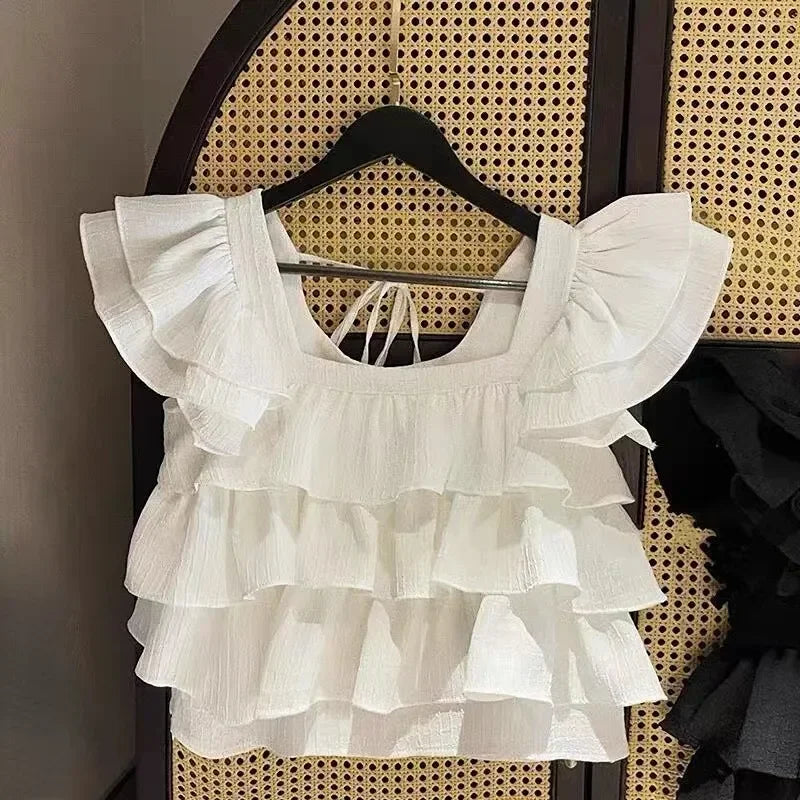 Girls Tops Vest Summer New White Ruffles Sleeveless Short Shirt Teens Kids Clothes Children Beach Hooliday Blouse
