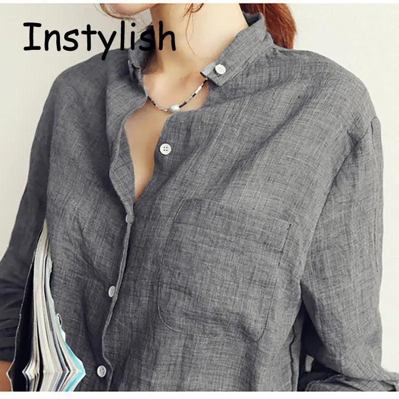 Women  Korean Solid Cotton and Linen Blouse Vintage Solid Thin Loose Shirt  Casual Long Sleeve Korean Tops