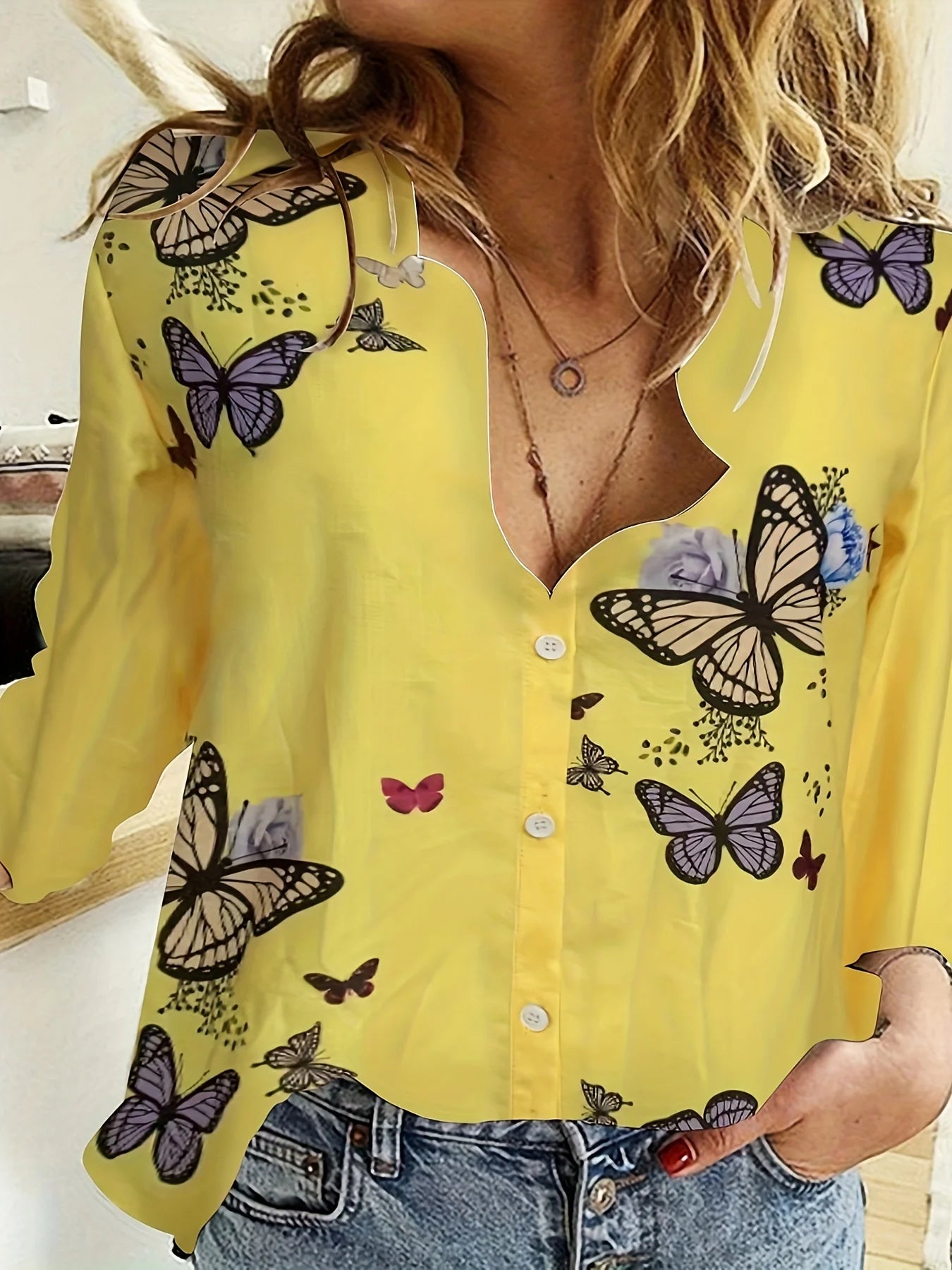 Fashion Retro Butterfly Group Print Long Sleeve Blouse  Spring Spring Lapel Button Casual Blouse Ladies Home Shirt