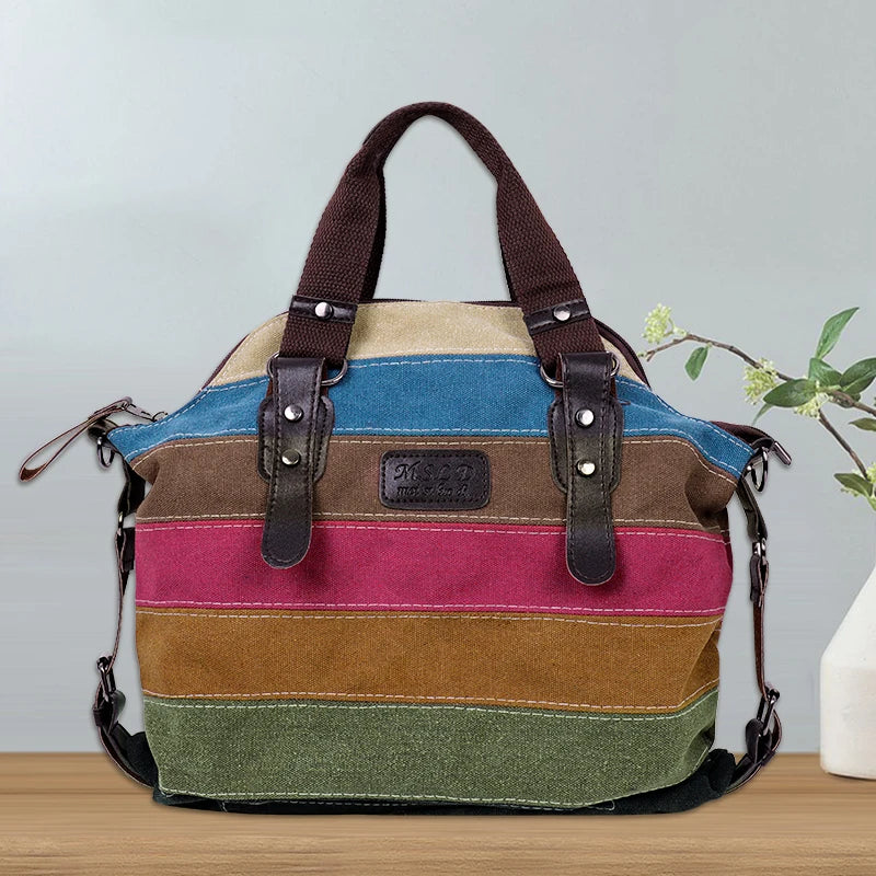 Women's Large Capacity Travel Bag Ladies Fashion Handbag Patchwork Rainbow One Shoulder Canvas Messenger Bag