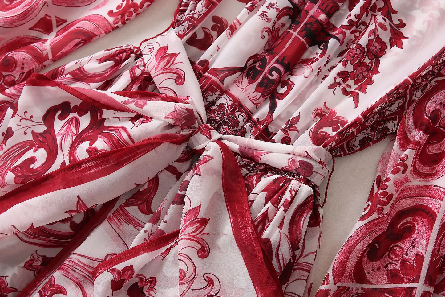 Luxury Fashion Designer Inspired Women's Red Print Chiffon Midi Dress HIGH QUALITY