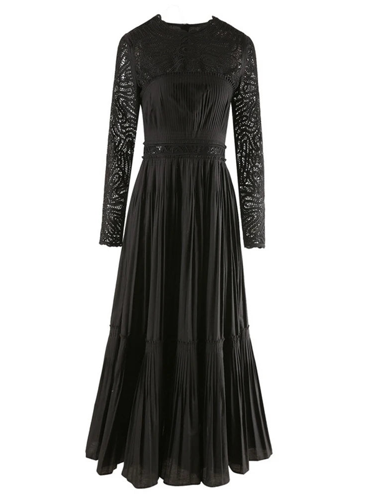 Solid Pleated Patchwork Jacquard Dresses For Women Round Neck Long Sleeve High Waist Dress Female Spring  New