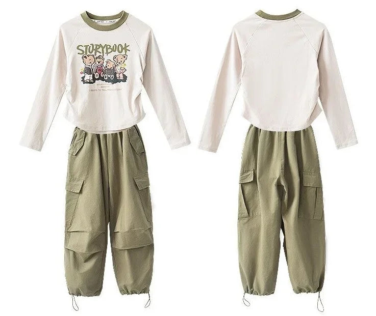 spring autumn Children set Clothes Girls tracksuit bear t shirt tops + Sport cargo pants Kid Teenager