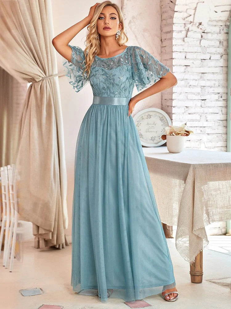 Women Elegant Long Dresses  New Luxury Designer Short Sleeve Lace Mesh Sequin Formal Turkish Wedding Evening Party Prom Robe