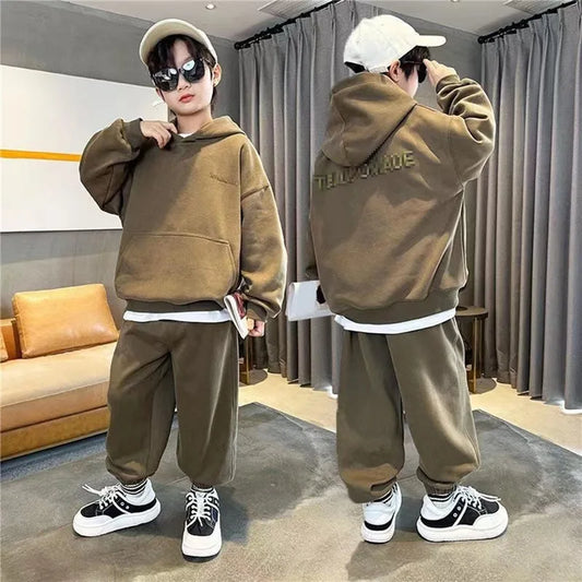 Junior Boys Autumn Hooded Suit Kids Fashion Embroidery Letter Sweatshirt + Casual Sweatpants 2 Pieces Set 3-14Y Spring Clothes