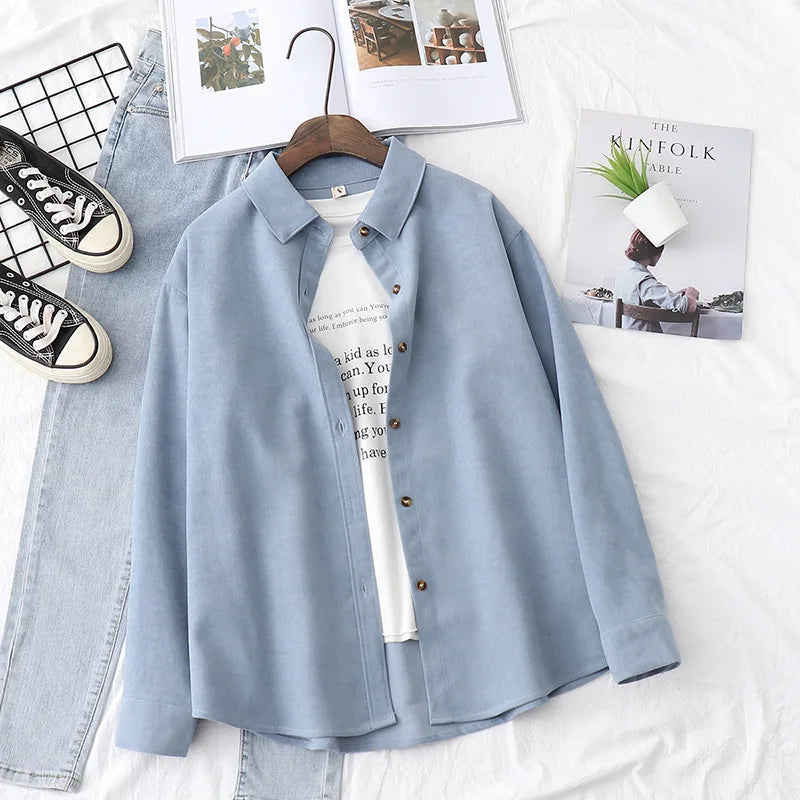 Women Autumn Corduroy Blouses Casual Female Spring Warm Sanded Fabric Shirts Ladies Solid Color Tops
