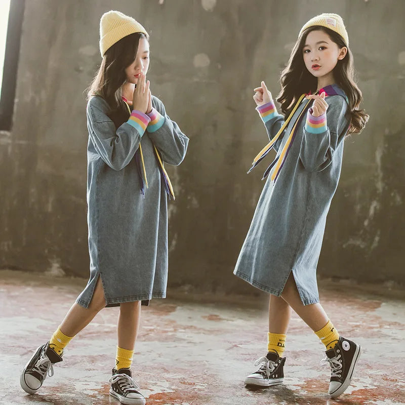 Teenager Girls Autumn Winter Kids Sweater loose demin Dresses Princess rainbow hooded sweatshirt