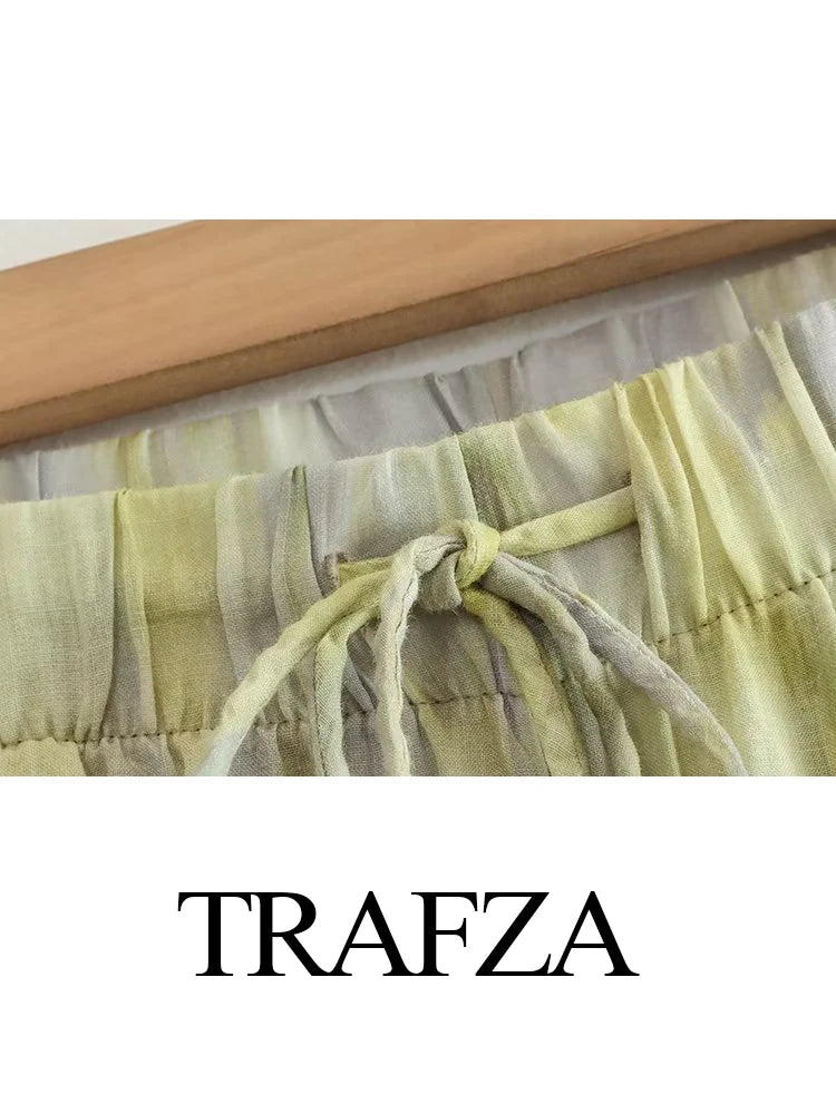 Woman Fashion Vintage Printed Trousers Summer Woman Tie-dye Patchwork High Waist Bow Tie Elastic Waist Wide Leg Pants