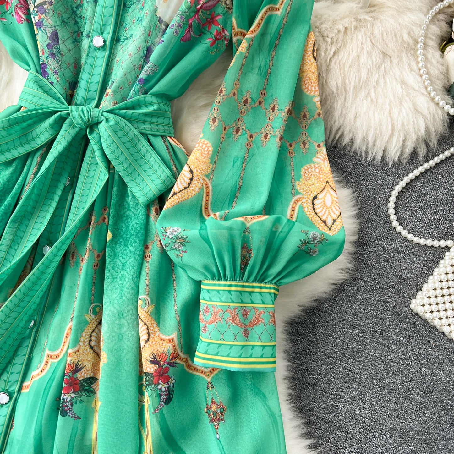 New Chiffon Floral Printed Shirt Dress Belted Long Holiday Dress  Formal Long Dresses Vestido