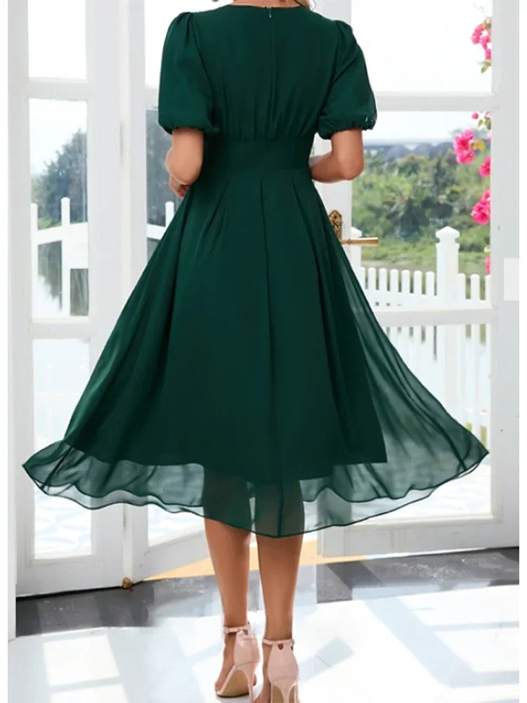 Plus Size Women Short Dress V-Neck Elegant A-line Chiffon Midi Dresses Lantern Sleeve Casual Party Summer Dress Vestidos