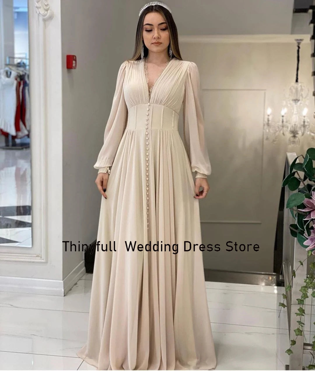 Chiffon Elegant Prom Dress V-neck Long Sleeves Evening Dress  Women Formal Occasion Party Dress with Button