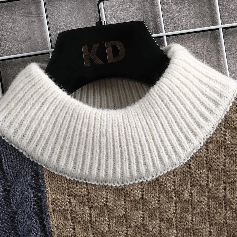 Men Sweater Warm Fashion Stitching Color Matching Pullover Round Neck Sweater Thickened Knitted Sweater