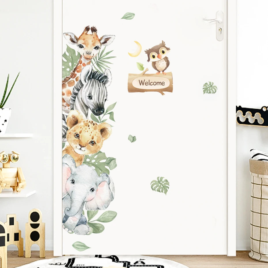 Cartoon Cute African Animals Elephant Lion Leaves Wall Stickers for Kids room Baby Room Decor Home Decor Wall Decals Art Murals home