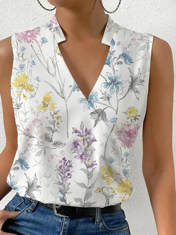 Fashion V-neck Sleeveless Print Women Tops And Blouses Summer Casual White Tank Top Femme Shirt Blouse