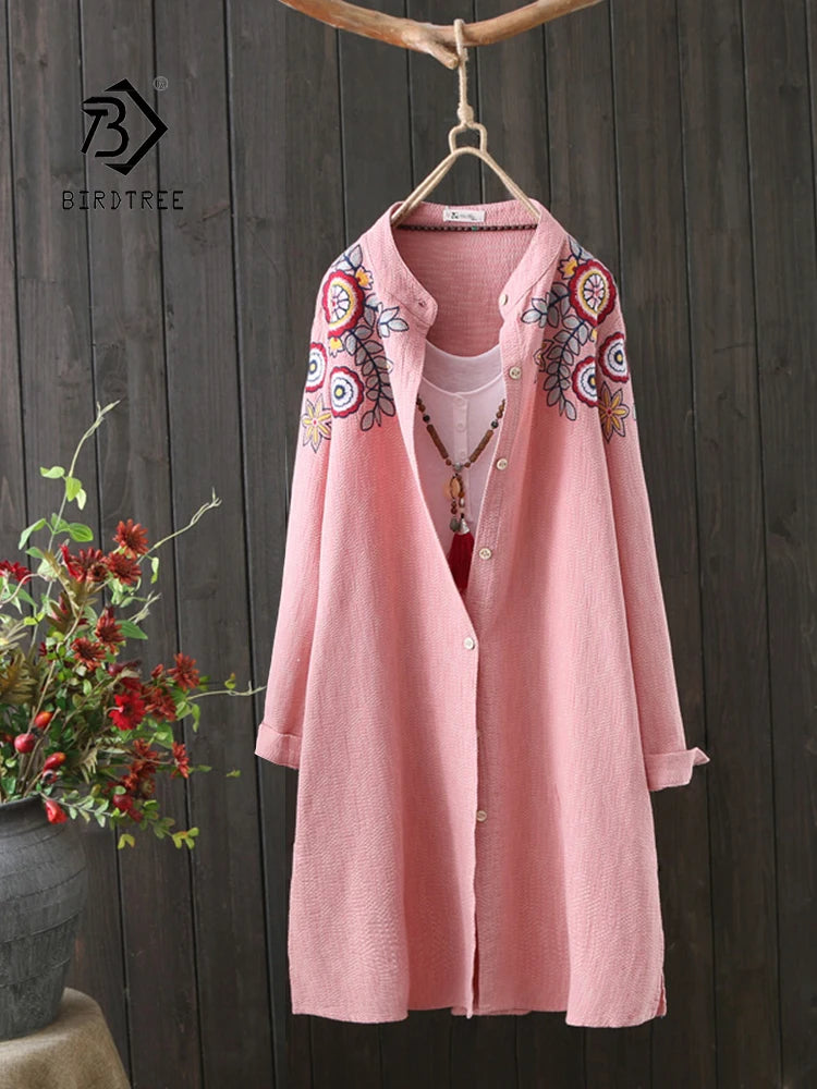 Women Vintage Floral Embroidery Cotton White Long  Shirt Stand Collar Button Up Blouse Casual Wear Basic Loose Tops