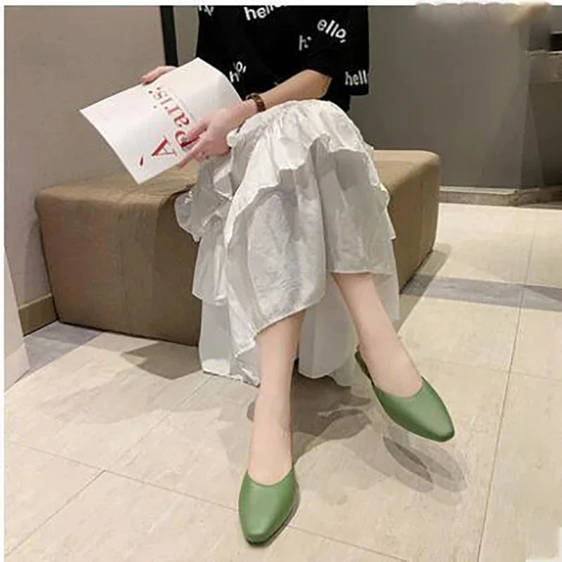 Women's Summer Mules Elegant Soft Leather Ladies Closed Toe Non-Slip Comfortable Flat-bottomed Low-heeled Sandals and Slippers
