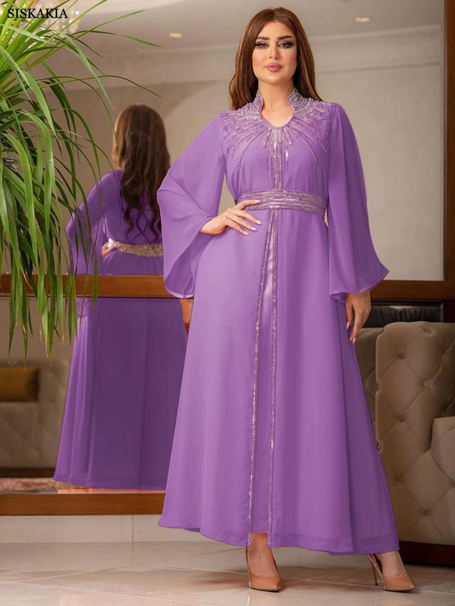 Arab Robe Fashion Middle East Muslim Kaftan Dubai Hot Fix Diamond Party Evening Dresses for Women Notched Stand Collar