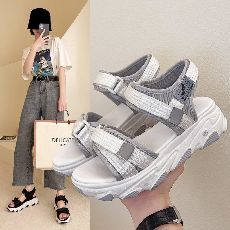 Canvas Thick-soled Sandals Women's  New Summer Hook Loop Heightening Soft Soled Casual Sports Beach Sandals Women's Shoes