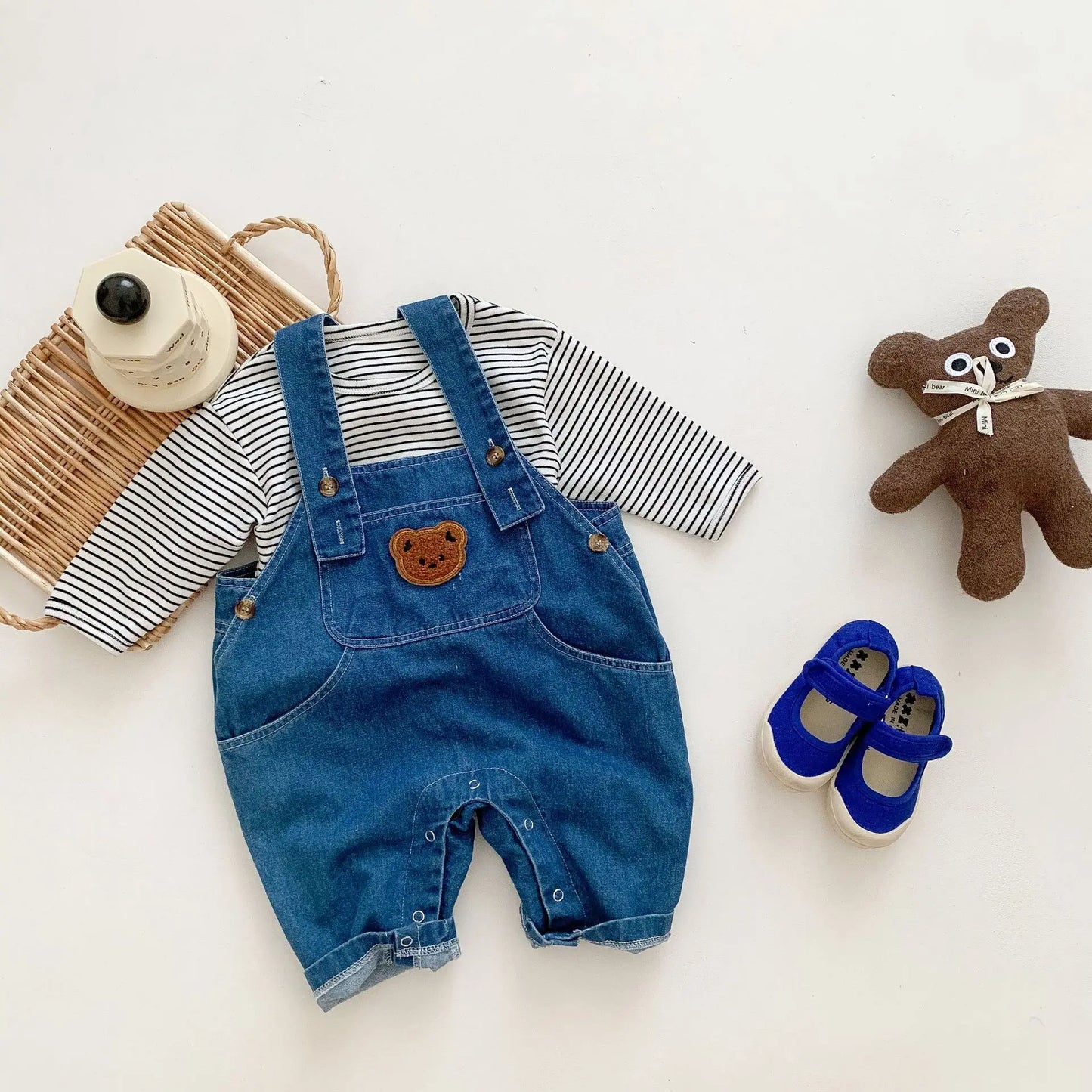 Baby Spring Autumn Clothes Bear Embroidery Denim Jumpsuit Black Striped Bottoming T shirt Baby Boys Girls Cute Set
