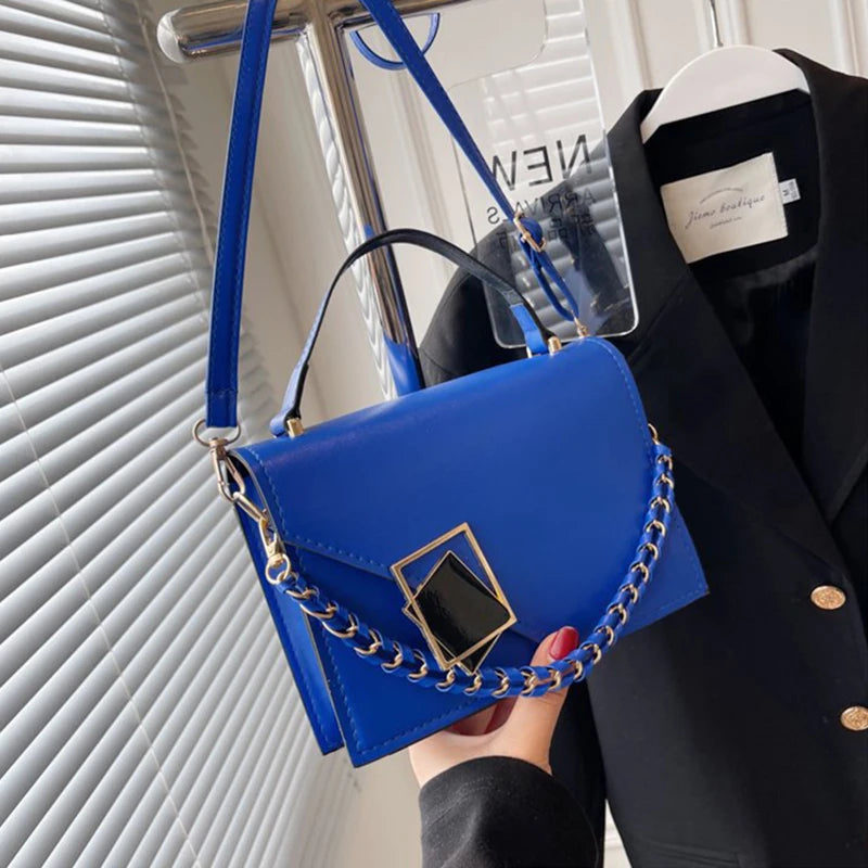 Women Square Shoulder Bag Chain Handle Small Handbags Solid Pu Leather Crossbody Bags Western Style Casual Messenger Bag