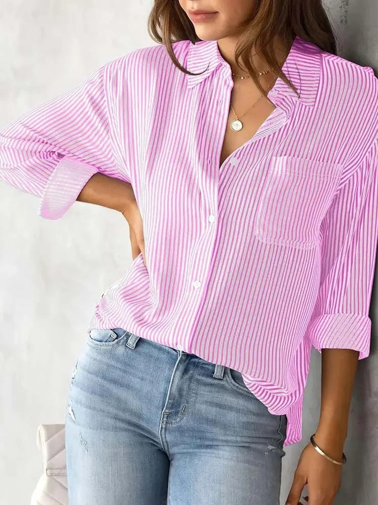 Striped Shirt, Button Up Shirts Female Loose Casual Long Sleeve Shirt Blouses for Women