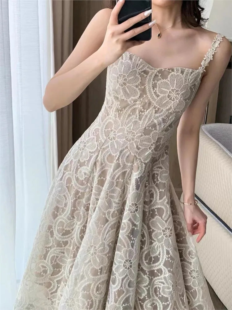 Sleeveless Casual A-Line Lace Women Summer Dress Strap Elegant Chic Solid Party Birthday Prom Robe Female Vestidos Mujers