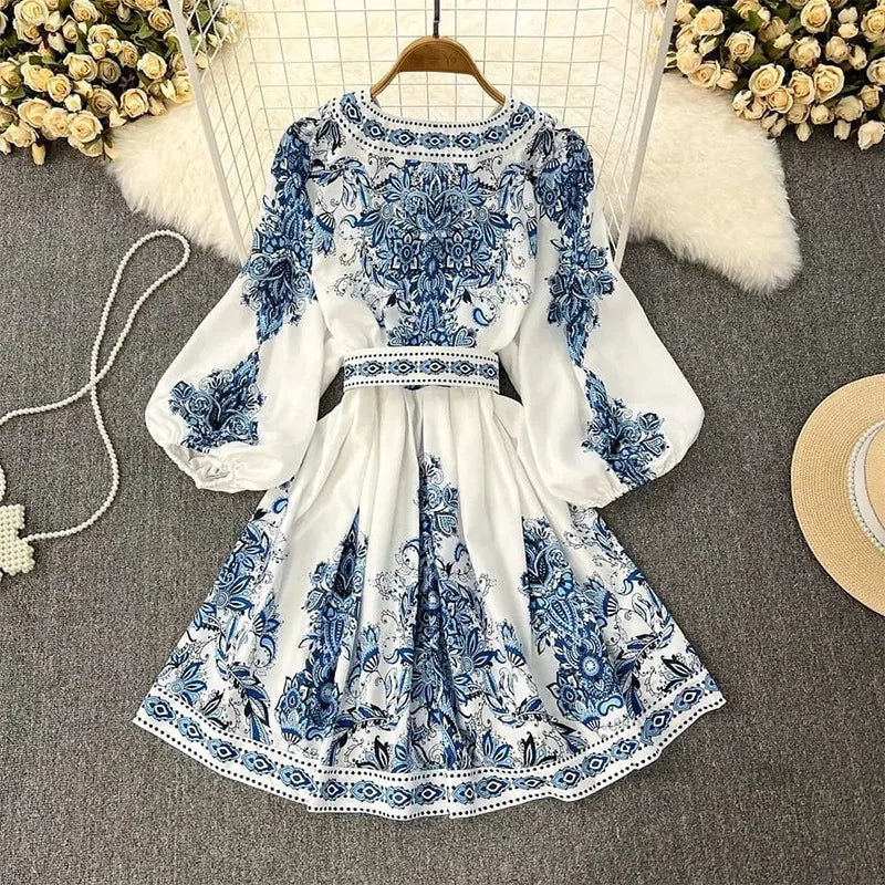 Women Bohemian Dress Spring Summer Print Long Lantern Sleeve V Neck Corset Slim Button Pleated Dress Women Vacation Dress