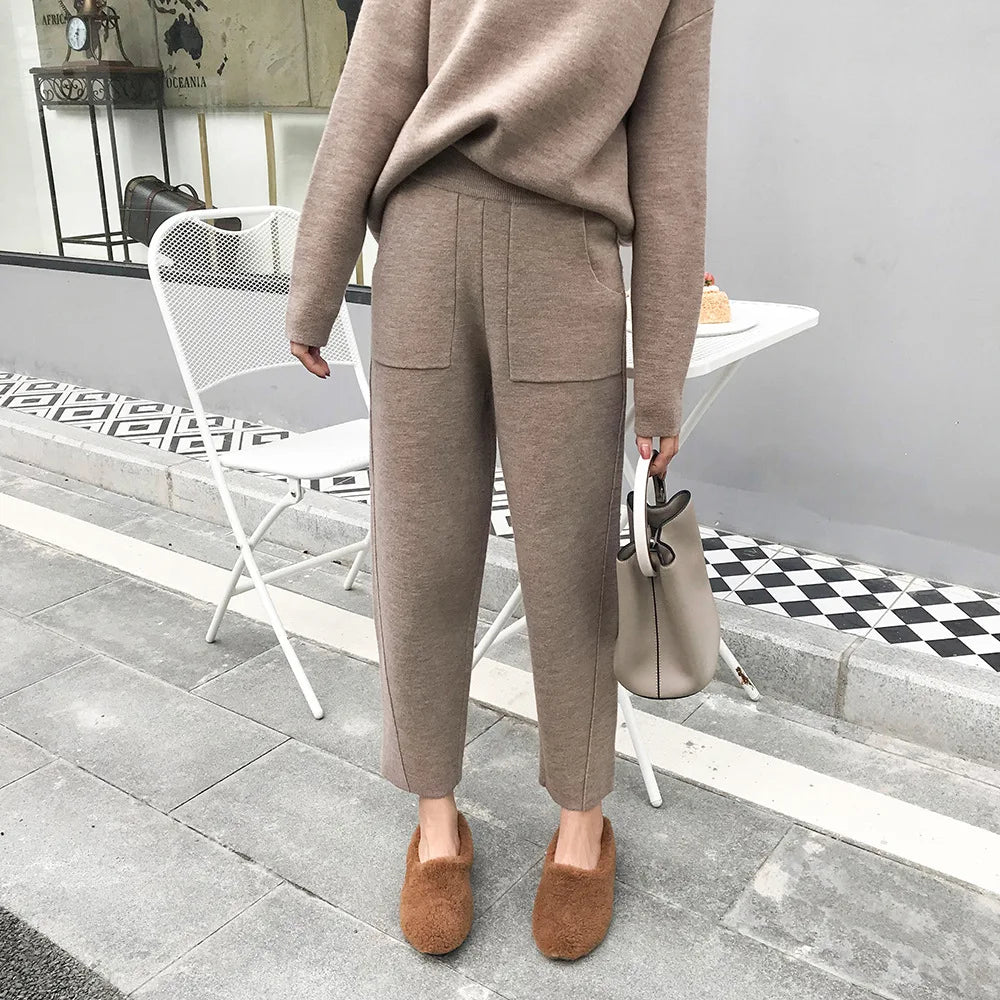 Winter Casual Sweater Tracksuits O-neck Long Sleeve Jumpers & Elastic Waist Pants Female Knitted 2 Pieces Set