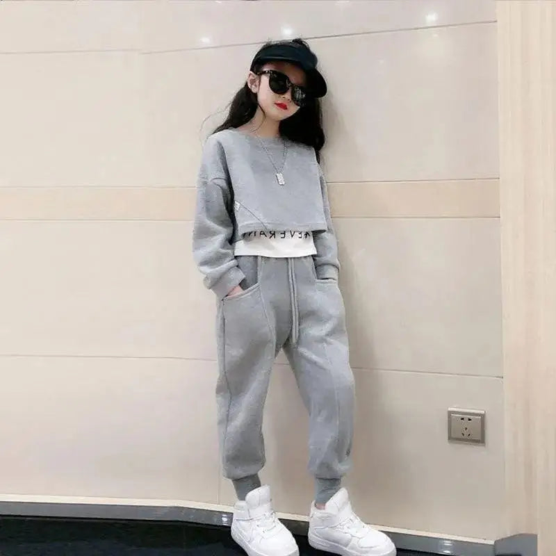 Spring and Autumn Korea Style Fashion Kids Clothes Girl 2Pc Set Long Sleeve Letter Sweatshirt Pant Outfits 4 6 8 10 12 14 Years