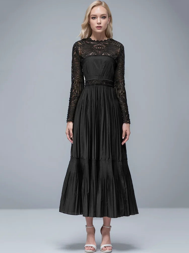 Solid Pleated Patchwork Jacquard Dresses For Women Round Neck Long Sleeve High Waist Dress Female Spring  New