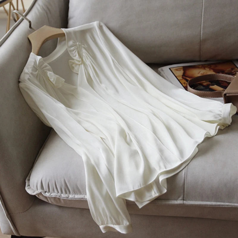 Loose Silk Casual Pleated Long Sleeve Tops Women Long Sleeve Vintage Shirt V-Neck Elegant Satin White Blouse