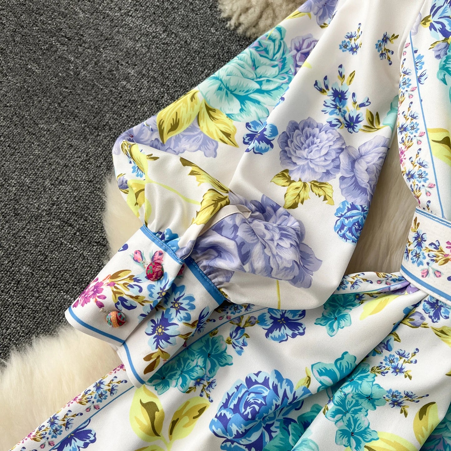 Court Style Spring Women Clothing Print Slim-Fit Long Dress Single-Breasted Puffy Sleeves Office Maxi Dress