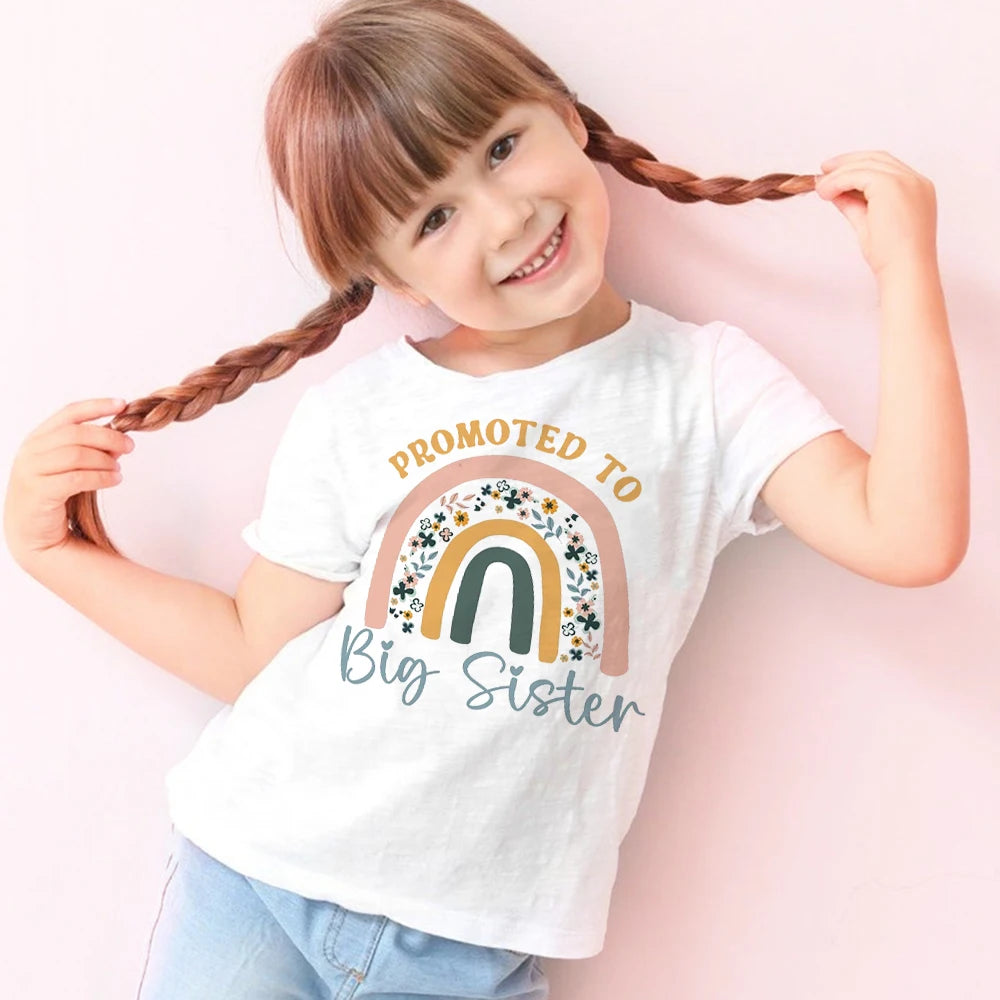 Promoted To Big Sister Rainbow Printed Baby Announcement T Shirt Girls T-Shirt Children Tops Toddler Tshirt Summer Clothes Tee
