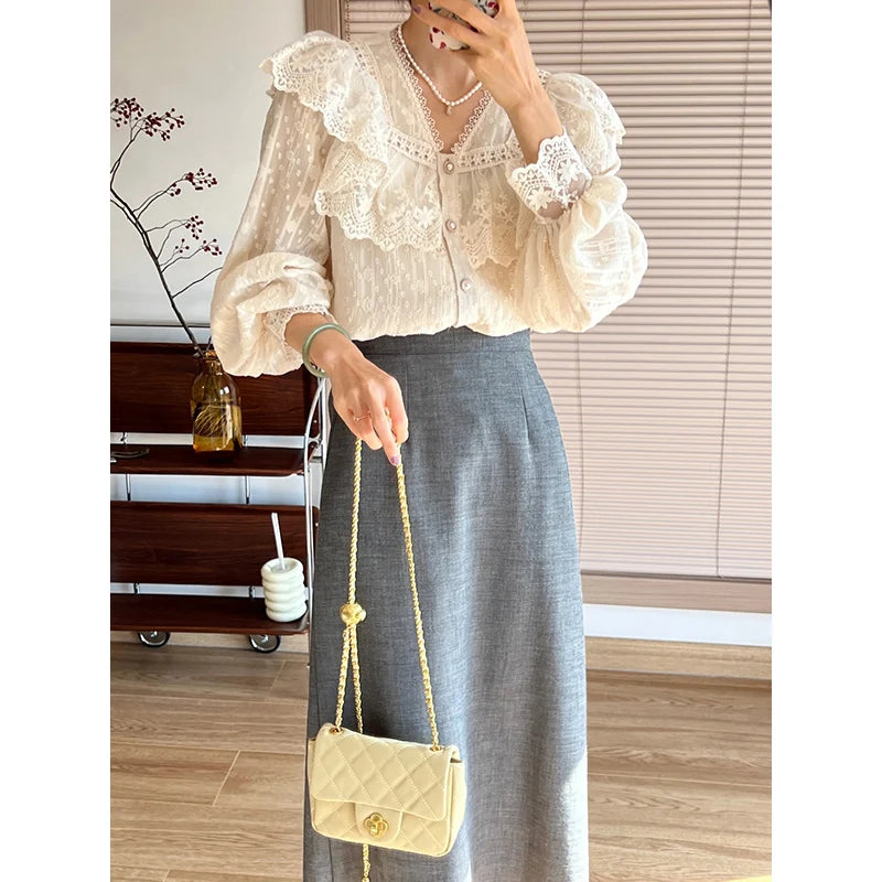 French Women Shirts Lace Lolita Elegant Long Sleeve Flounce Blouse High Quality  Chic Female Tops
