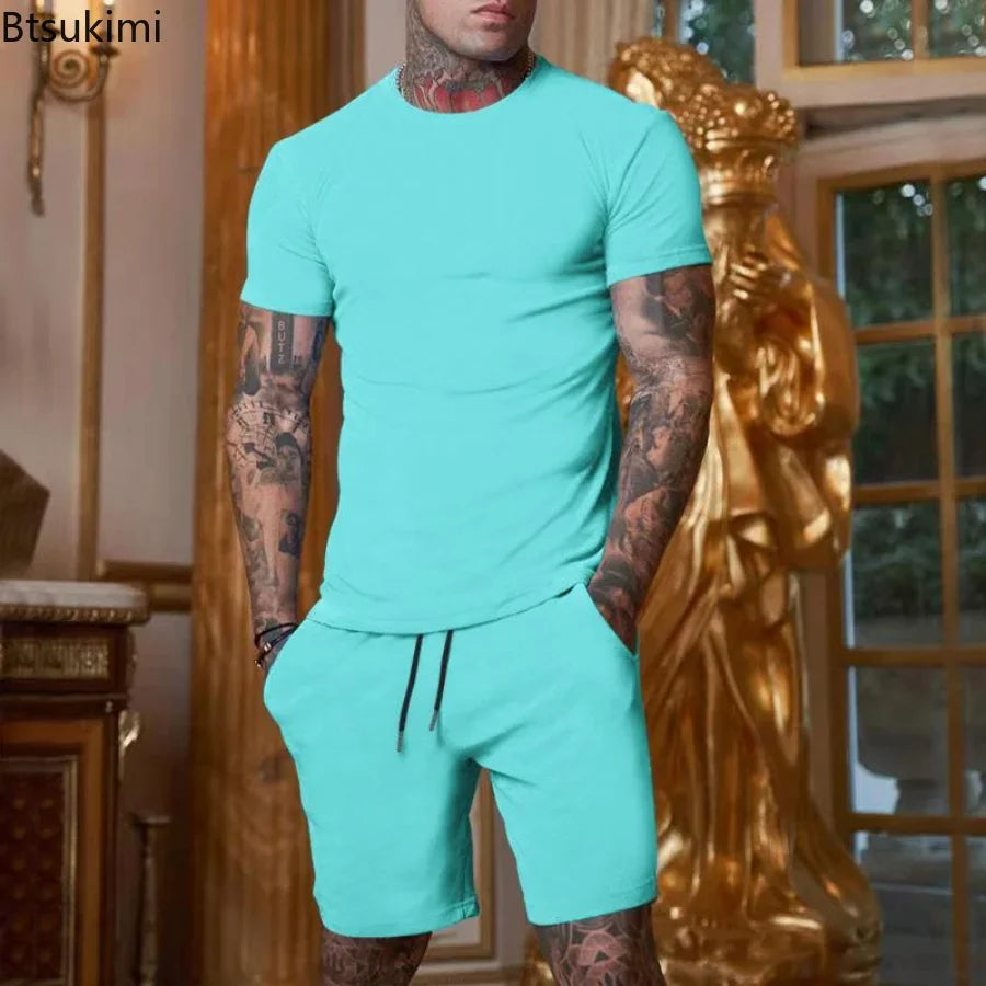 Summer 2PCS Tracksuit for Men Short Sleeve T-Shirt+Shorts 2 Piece Set Sports Suit Men Solid Gyms Fitness Sportswear Sets