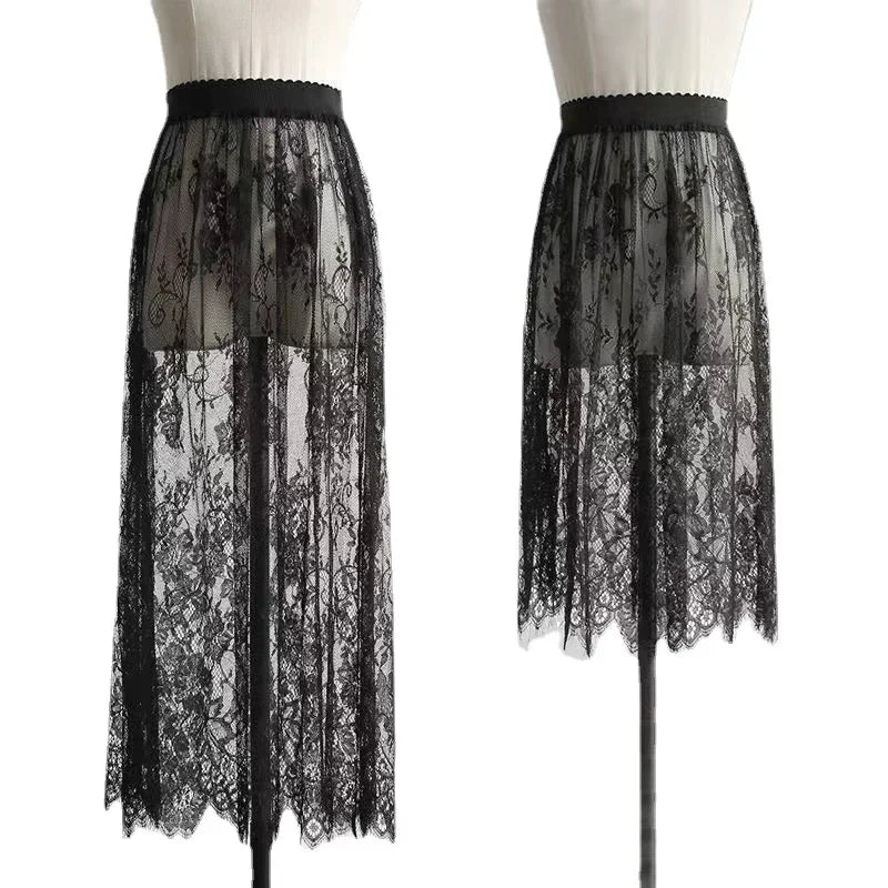 Women Mesh Lace Transparent Long Tulle Skirt