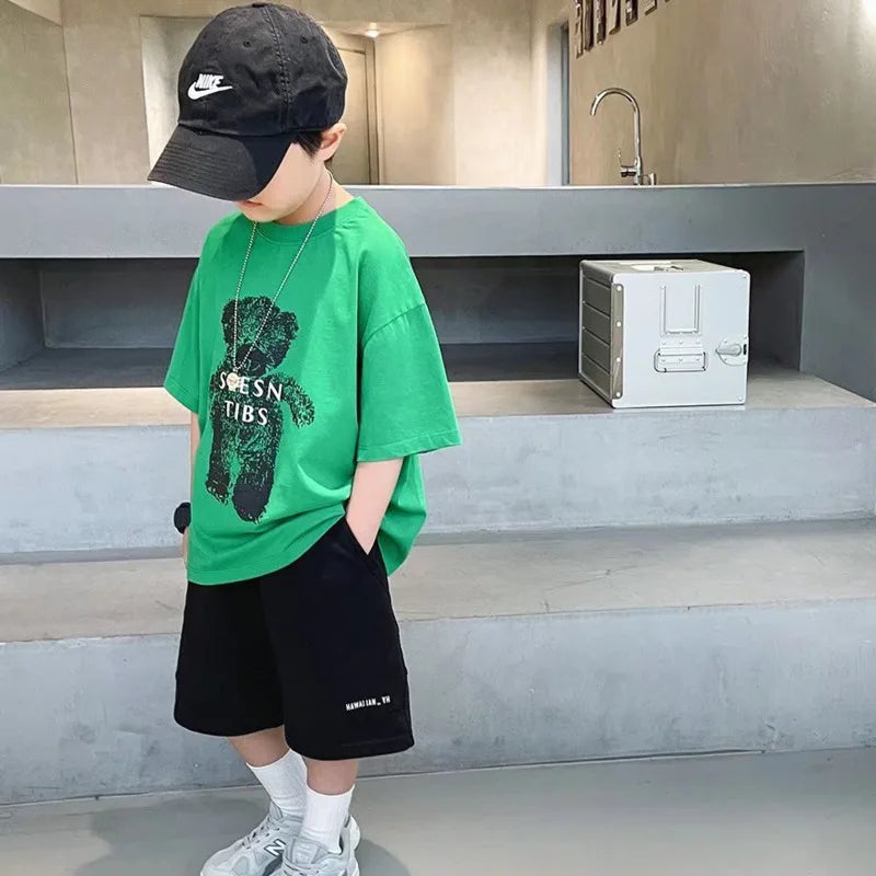 Middle School Children Summer Cotton Tide Boy Cute Baby Clothes Print Leisure Short Tshirt Top Infant