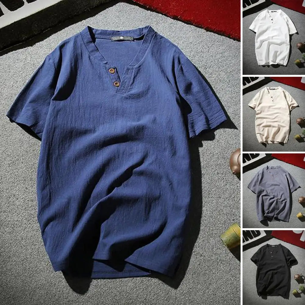 Fashion Men'S Linen T-shirt Short Sleeves V Neck Button Solid Color Slim Fit Summer Casual Short Male Tee Shirt Top