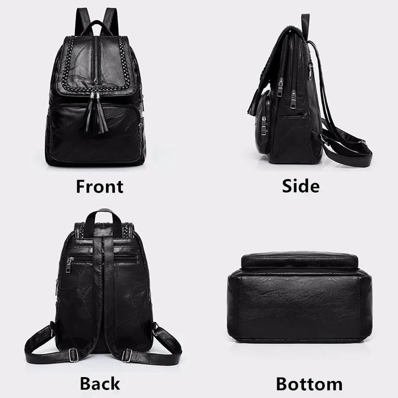 Women's PU Leather Backpack School Bag Classic Black Waterproof Travel multi-function Shoulder Bag