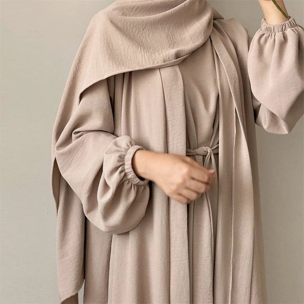 Eid Mubarak Muslim Women Open Abaya Kimono Inner Maxi Dress Set 2 Pieces Kaftan Arabic Ramadan Robe Caftan Jalabiya