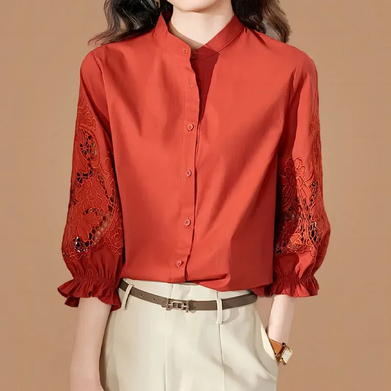 Elegant Fashion Hollow Out Embroidery Spliced Shirt Women's Clothing Spring Loose All-match Solid Button Blouse for Female