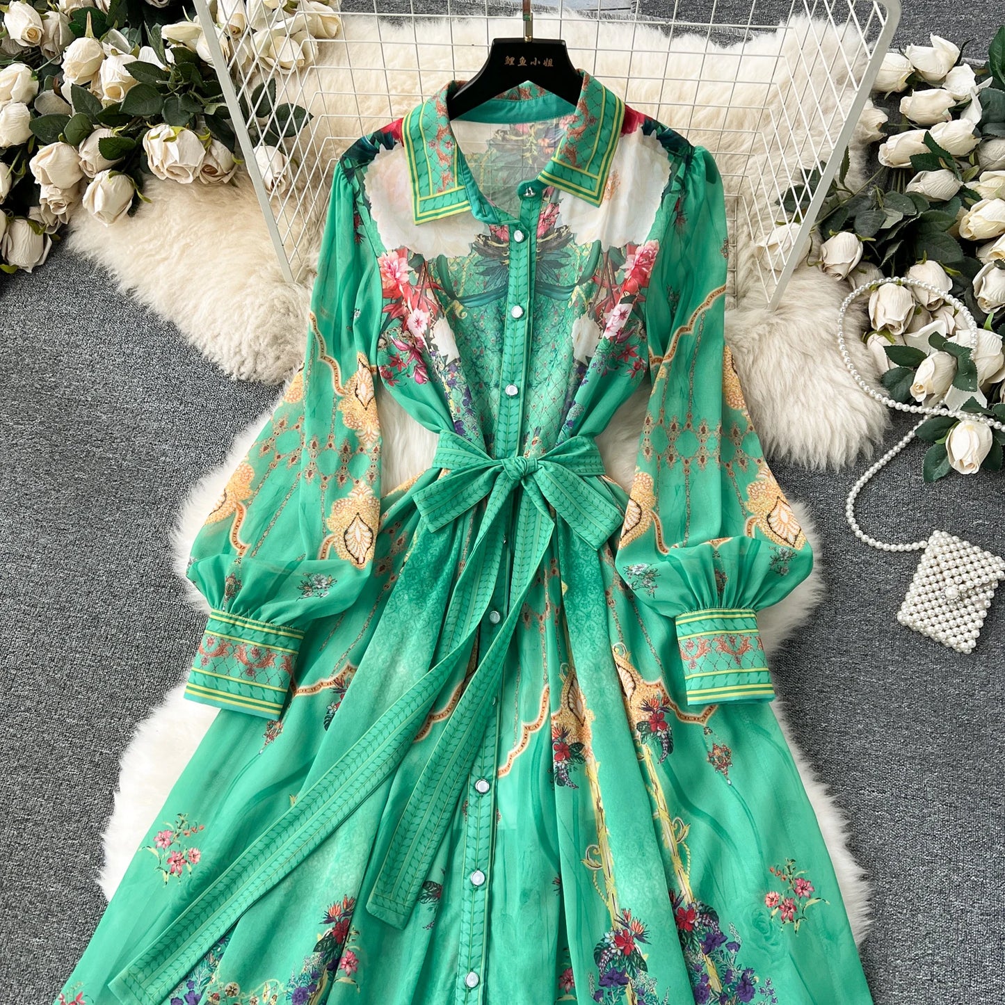 New Chiffon Floral Printed Shirt Dress Belted Long Holiday Dress Formal Long Dresses Vestido