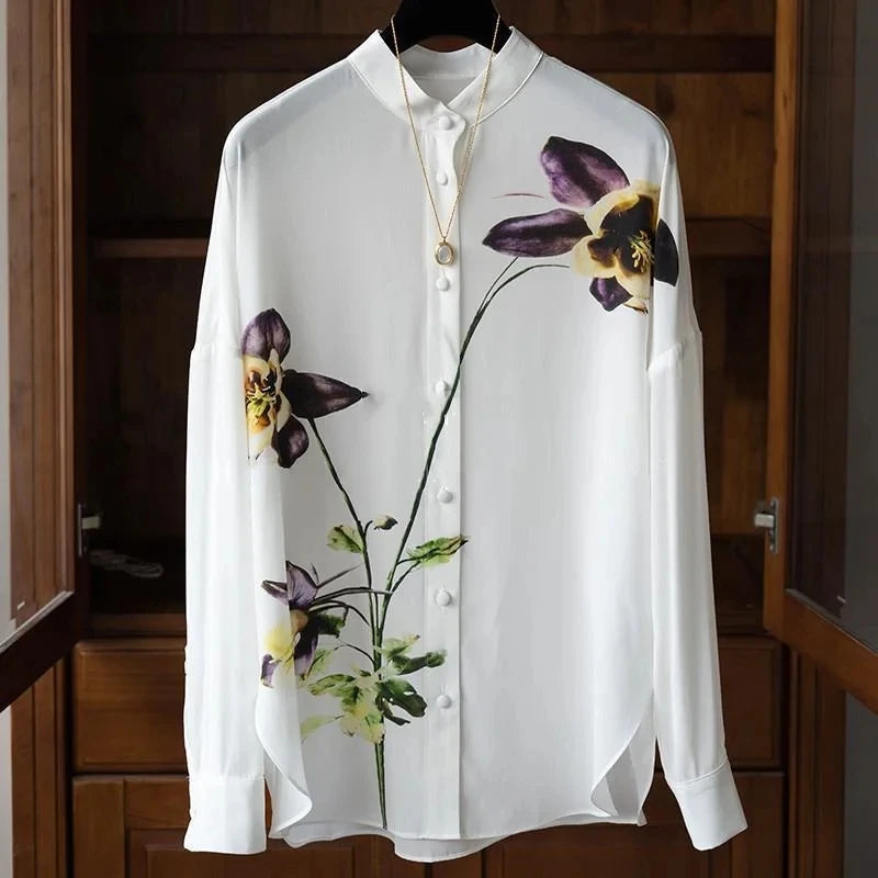 Women Spring Summer Satin blouses Blouses Shirt Lady Casual Long Sleeve Turn-down Collar Print Slim Tops