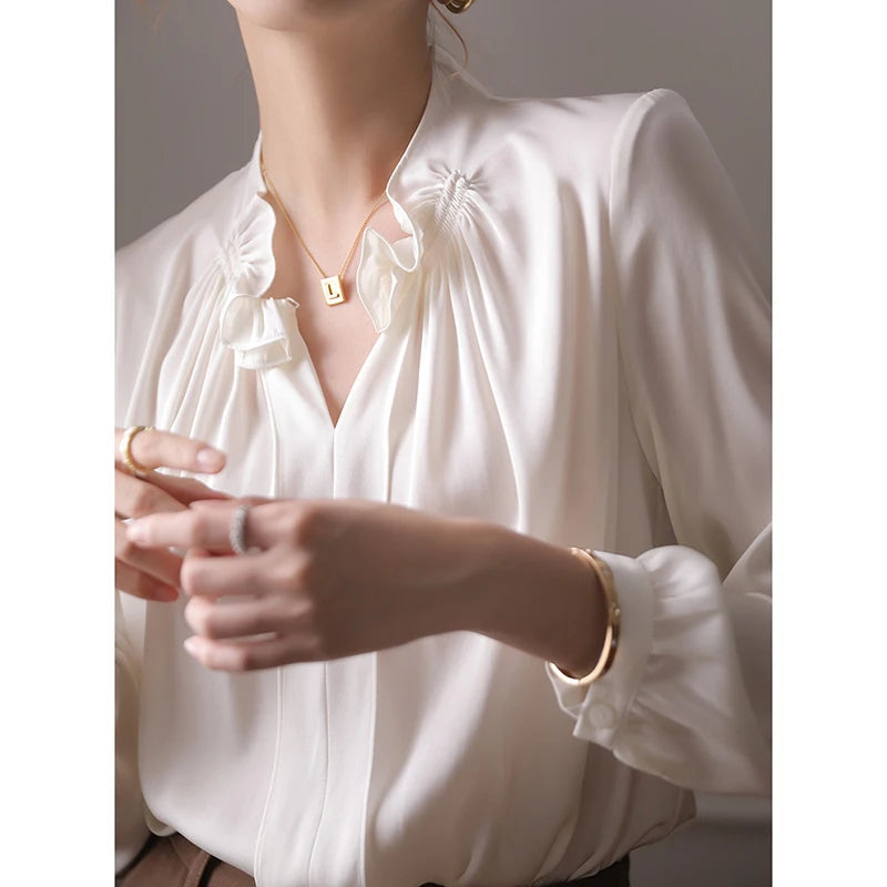 Loose Silk Casual Pleated Long Sleeve Tops Women Long Sleeve Vintage Shirt V-Neck Elegant Satin White Blouse Fashion