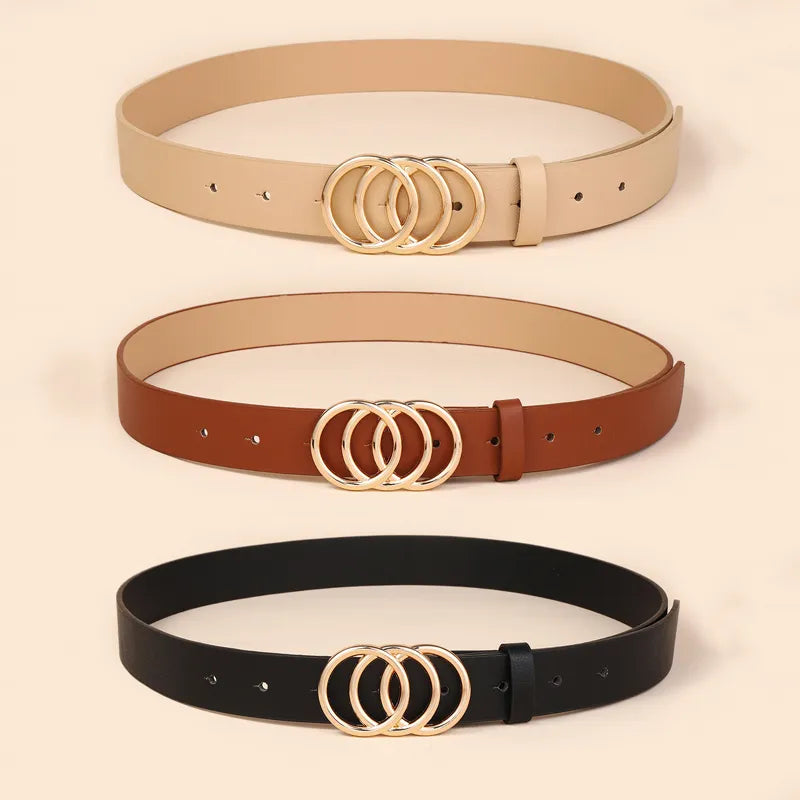 stylish women's belt with three ring alloy buckle decoration for women's trendy versatile belt
