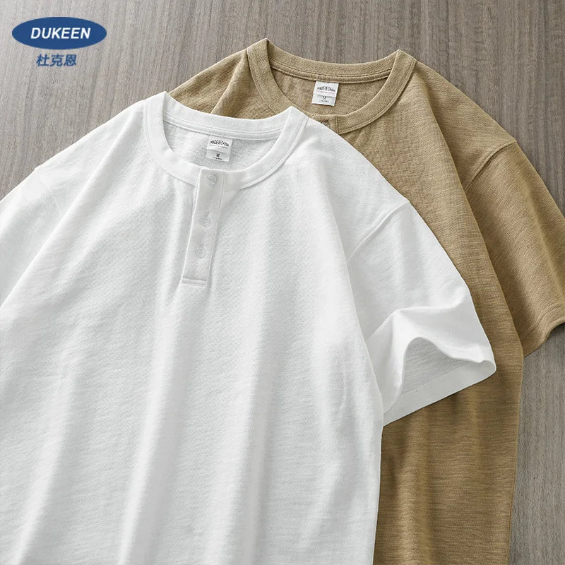 Heavy weight Henley Shirt for Men Short Sleeved Summer 100% Cotton Oversized White T Shirt Man Clothing